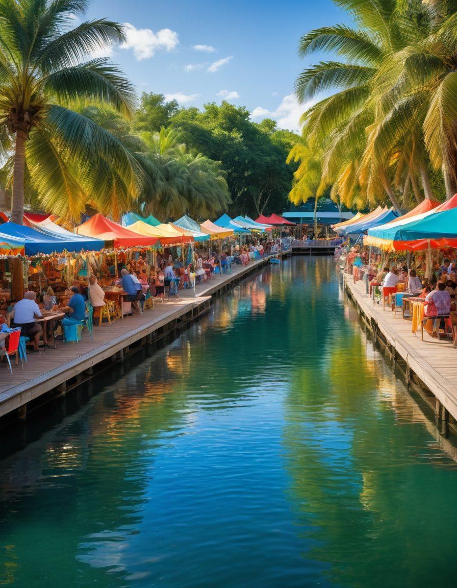 A picturesque waterfront scene in Lauderdale Lakes filled with people enjoying cheerful community events. Vibrant stalls with bright decorations showcasing local crafts and foods. People of diverse backgrounds laughing and engaging in activities like paddle boating and picnicking by the water. Palm trees swaying gently in the background under a clear blue sky. Sunlight sparkling on the lake's surface, creating a joyful and inviting atmosphere. super-realistic. vibrant colors. 3D.