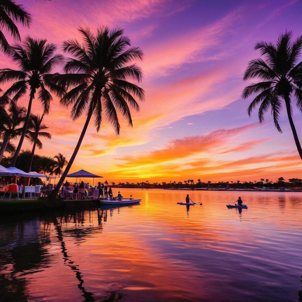 A picturesque waterfront scene in South Florida featuring a vibrant community event with people enjoying leisure activities like paddleboarding, picnicking, and live music. Include colorful decorations, food trucks with diverse cuisines, and palm trees swaying gently in the breeze. Capture the essence of happiness and togetherness against a backdrop of a stunning sunset. super-realistic. vibrant colors. 3D.
