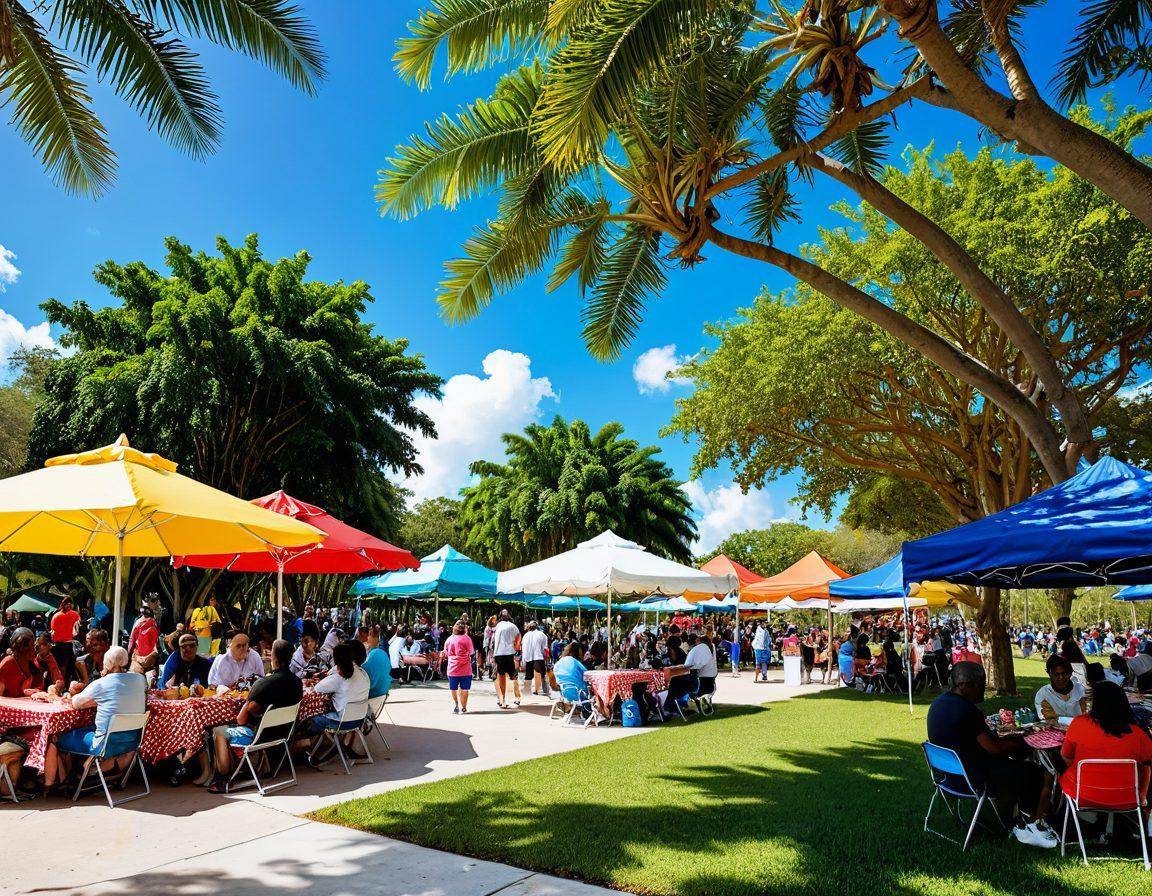A vibrant community park scene in Lauderdale Lakes featuring diverse groups of people gathered for a festive event. Colorful picnic setups, laughter, and activities like face painting and outdoor games are prominent. In the background, lush greenery and palm trees create a tropical atmosphere, with a blue sky dotted with fluffy clouds. Captivating details like balloons, food stalls, and children playing enhance the feeling of joy and togetherness. super-realistic. vibrant colors. daytime.
